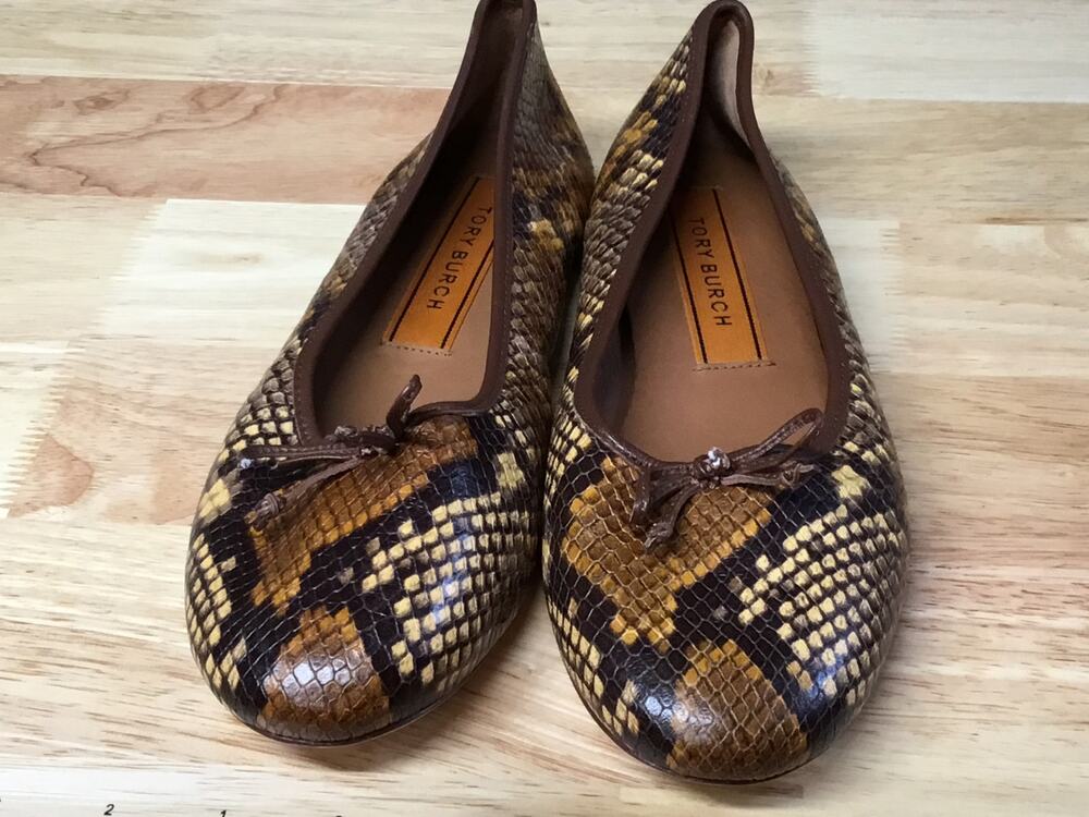 Tory Burch Ballets Flats Women's 9 M Brown Leather Snake Skin Slip-On Round Toe